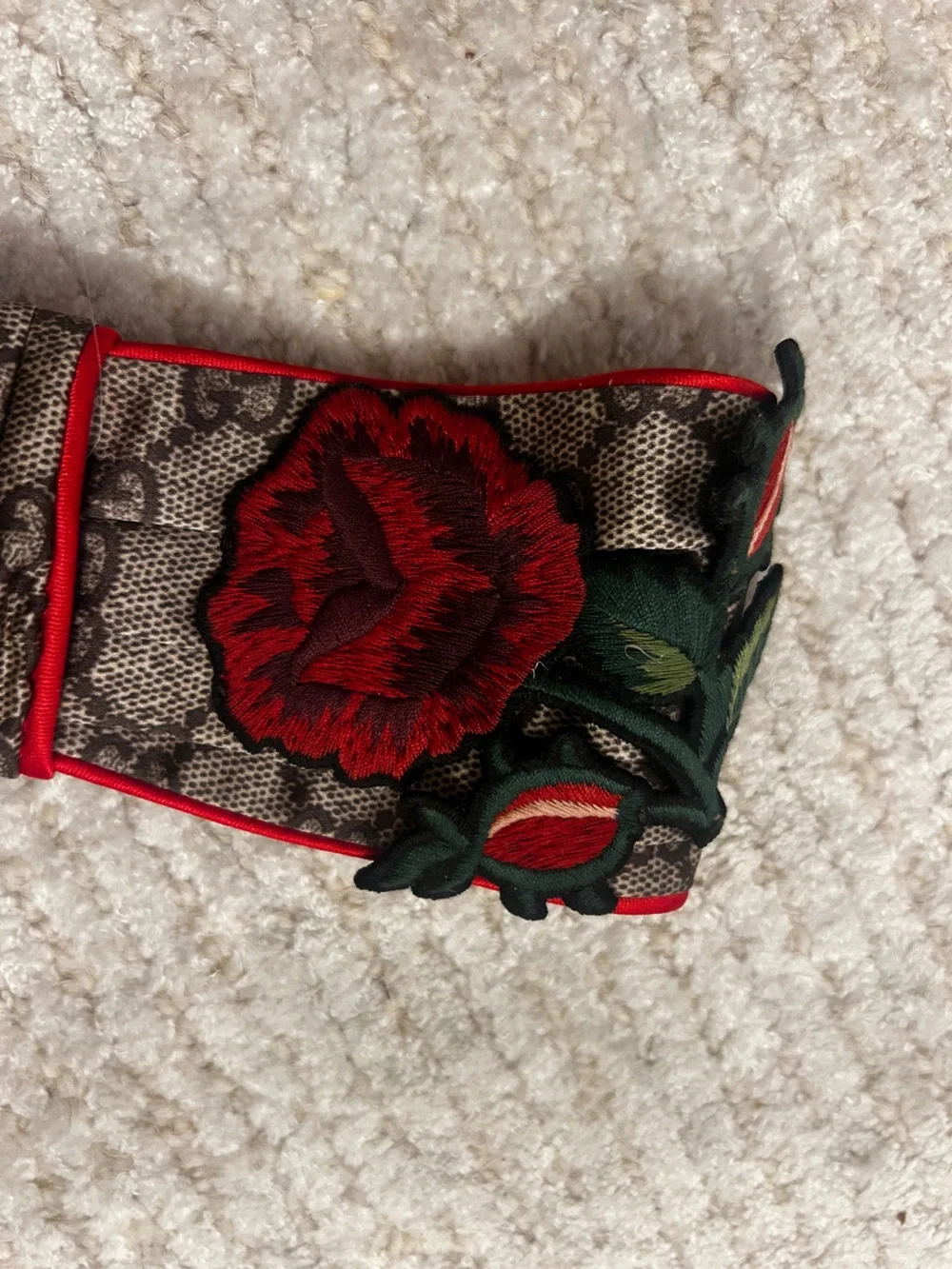 Gucci Brown Monogram Headband with Red Rose Embroidery